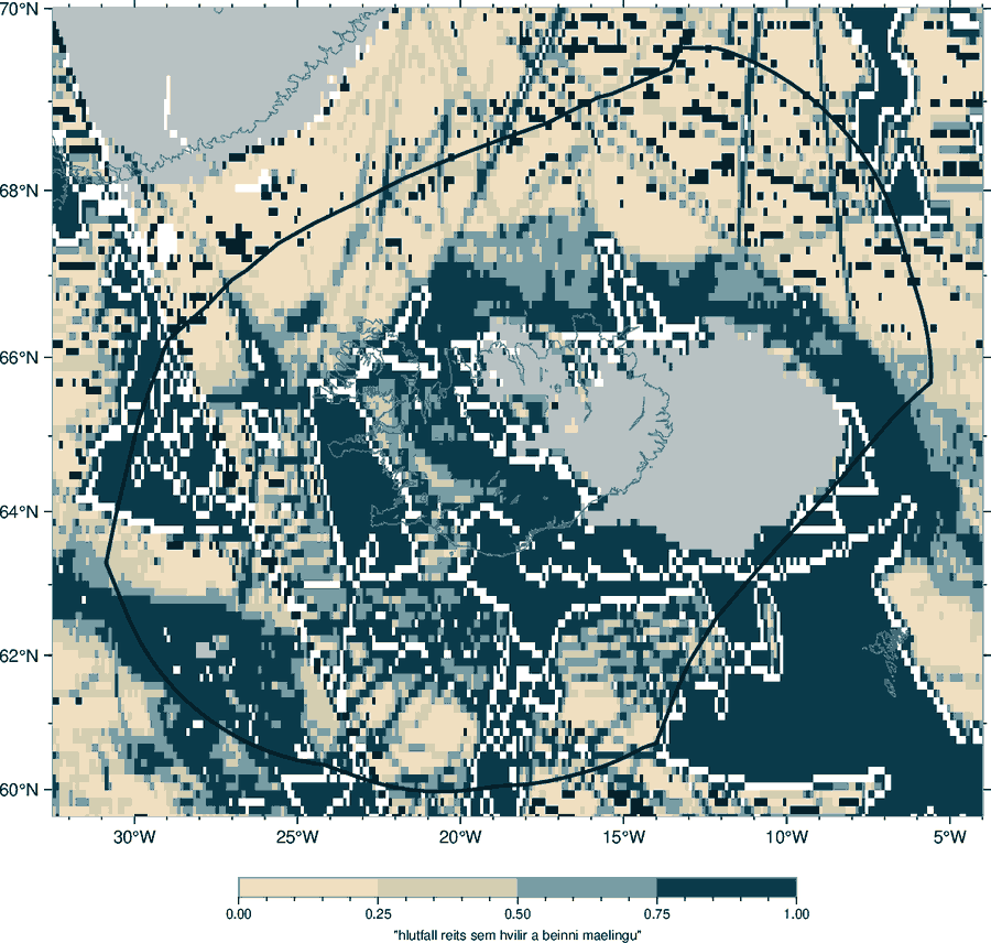 Kort af hafsvæðinu umhverfis Ísland, litað eftir því hvort dýpið hvíli á mælingu eða spá.